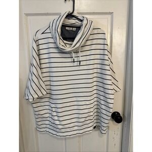 LL Bean‎ Pullover Top Women's Size Large/XL-Cowl Neck Striped Pocket White Blue